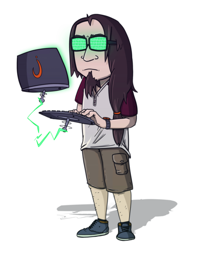 A cartoon version of Jesse programming at a sci-fi work station