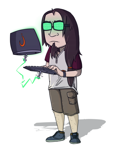 A cartoon version of Jesse programming at a sci-fi work station