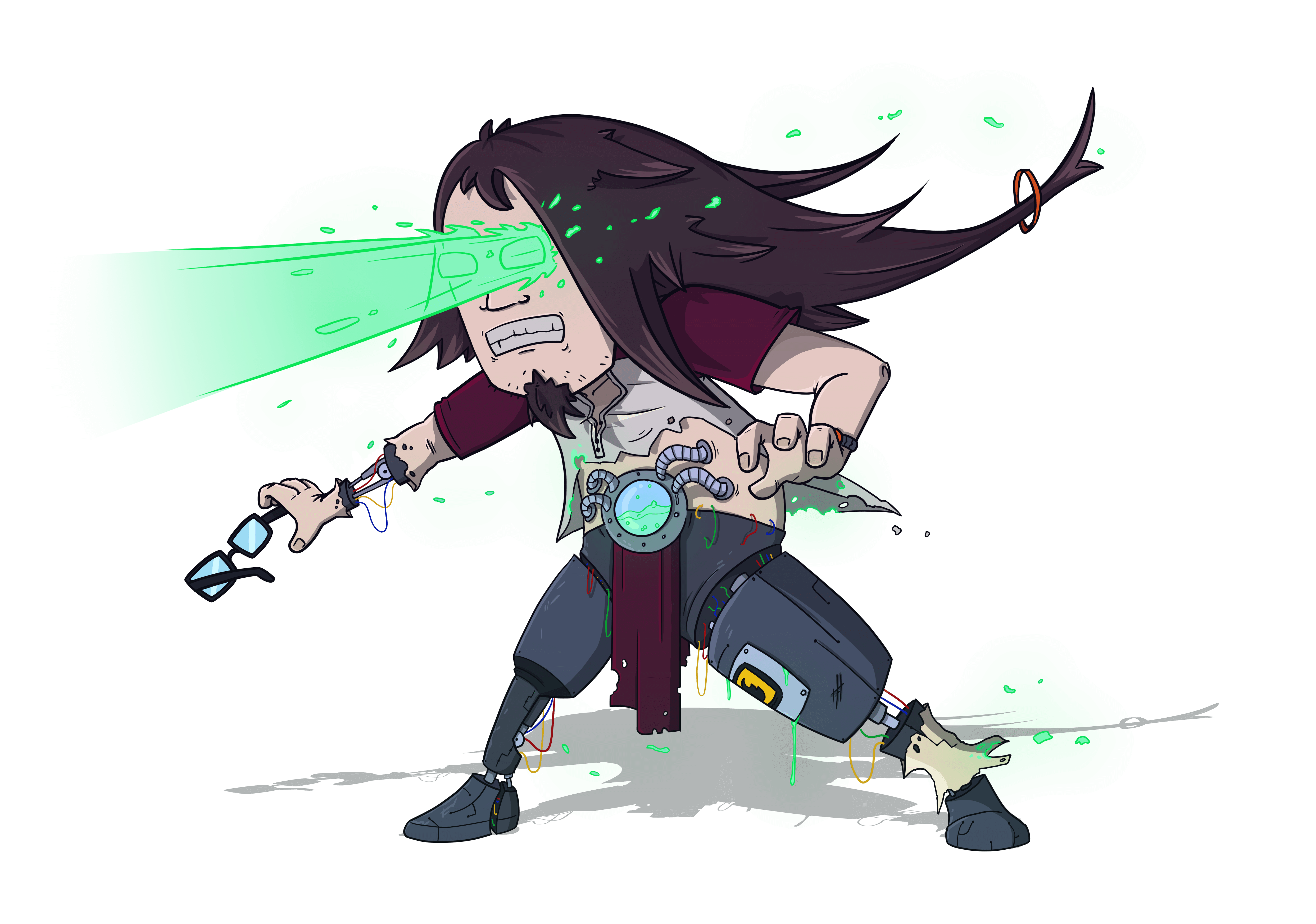 A cartoon drawing of Jesse van Leeuwen as a mad cyborg