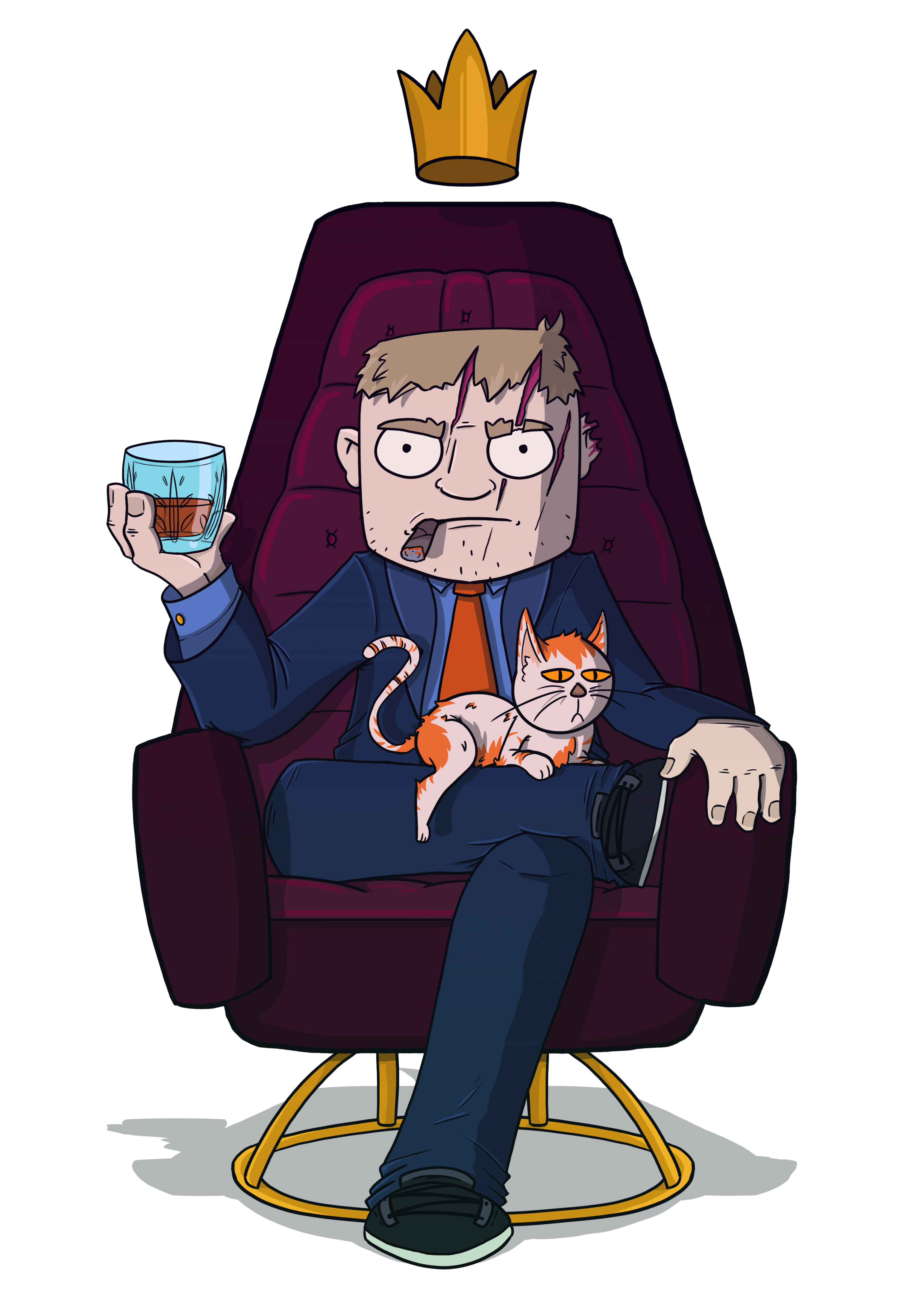 A cartoon drawing of Quint vrolijk as a big boss sitting in a chair